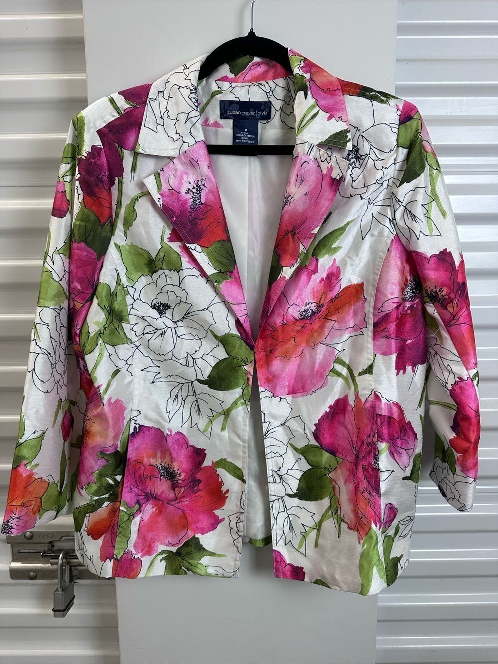 Susan Graver  White Floral Blazer Jacket with Pink & Green Accents